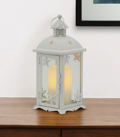 12" White Metal Tabletop Lantern Candle Holder With Candle HomeRoots