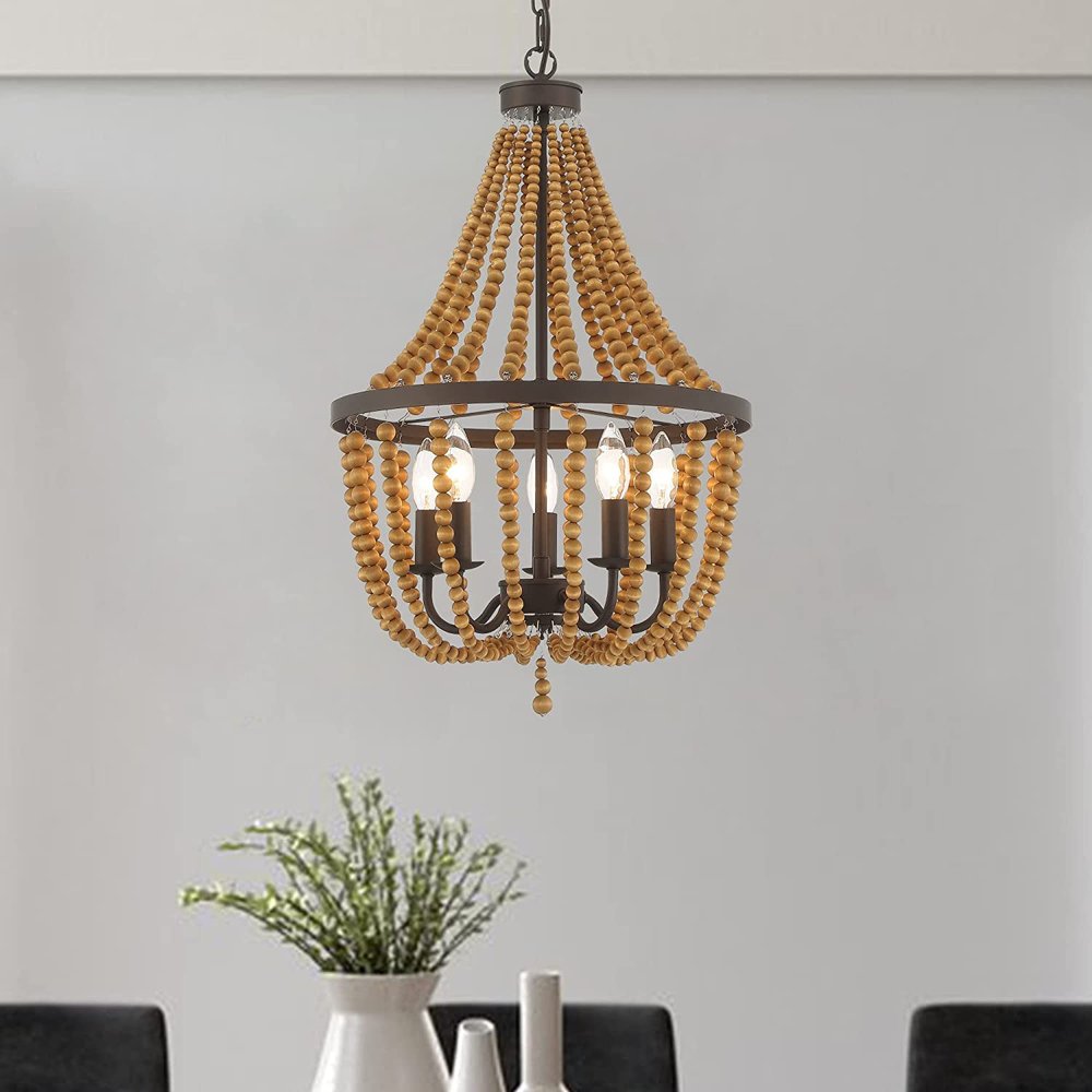 Brown And Black Candle Style Five Light Metal Dimmable Chandelier — view 2