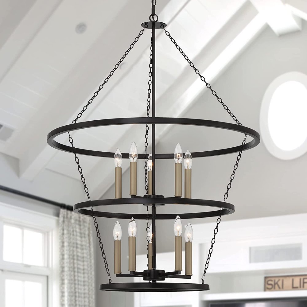 Black And Gold Candle Style Ten Light Metal Dimmable Chandelier — view 1