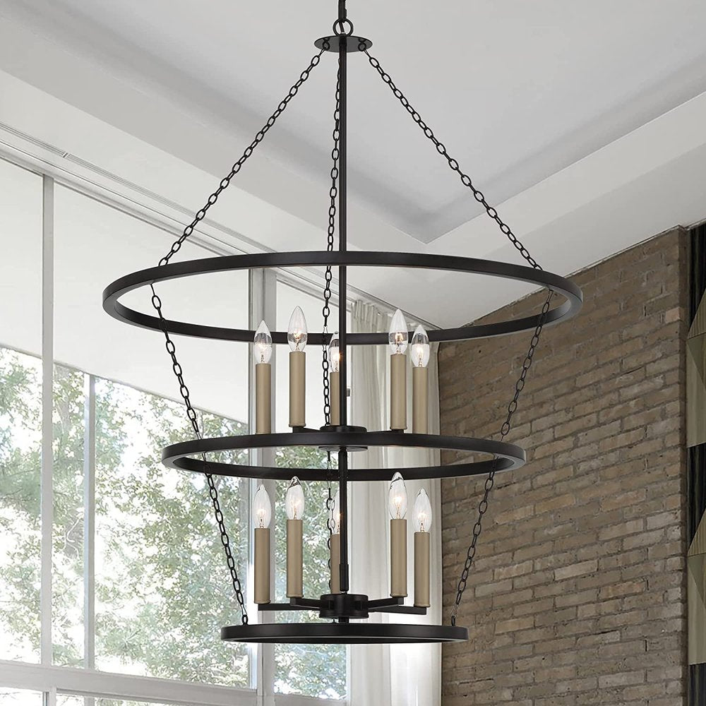 Black And Gold Candle Style Ten Light Metal Dimmable Chandelier — view 2
