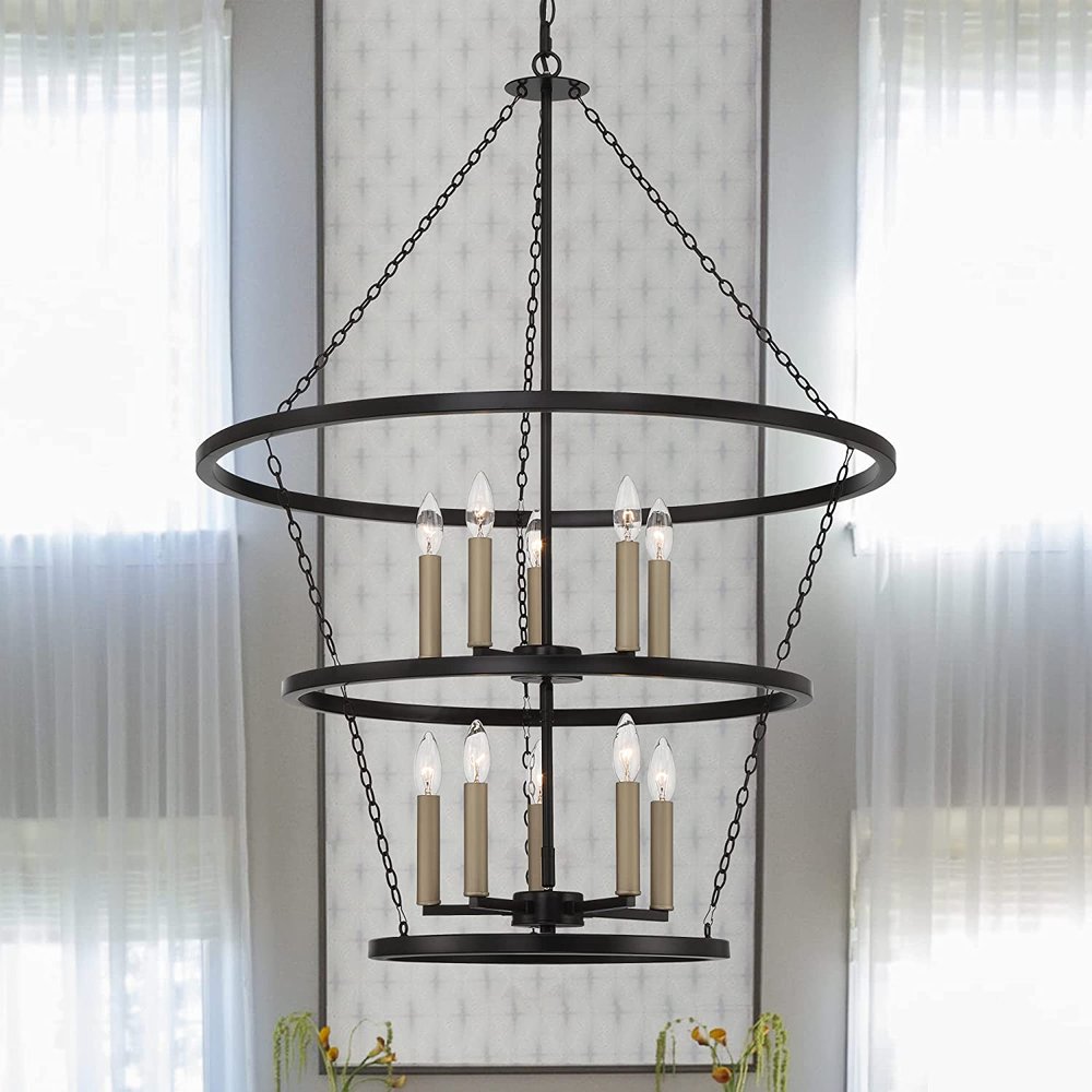 Black And Gold Candle Style Ten Light Metal Dimmable Chandelier — view 3