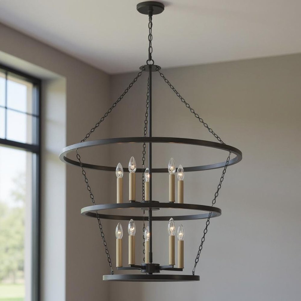 Black And Gold Candle Style Ten Light Metal Dimmable Chandelier — view 10