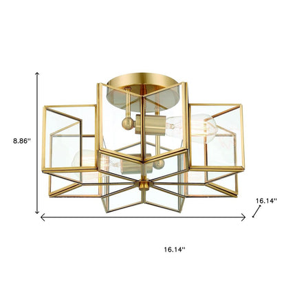Brass Unique Statement Two Light Metal Dimmable Flush Chandelier With Clear Shades