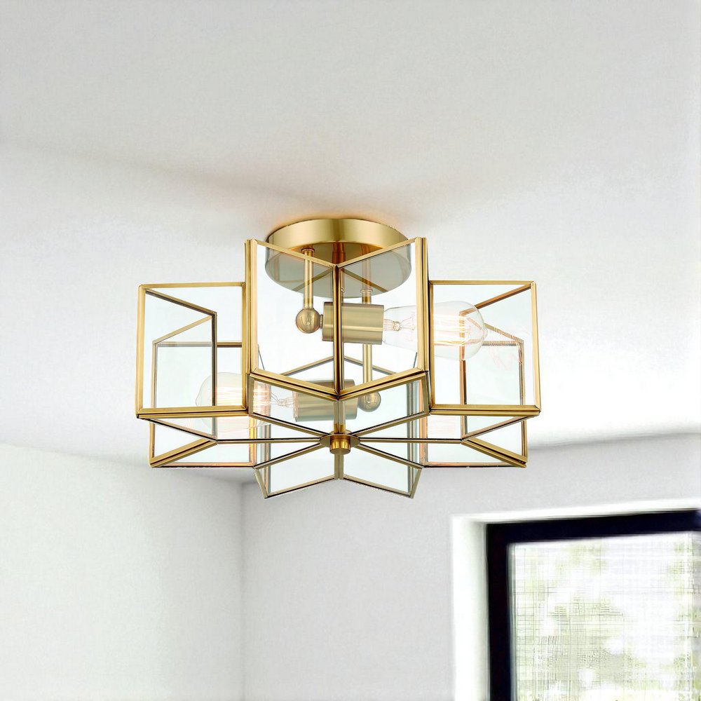 Brass Unique Statement Two Light Metal Dimmable Flush Chandelier With Clear Shades — view 8