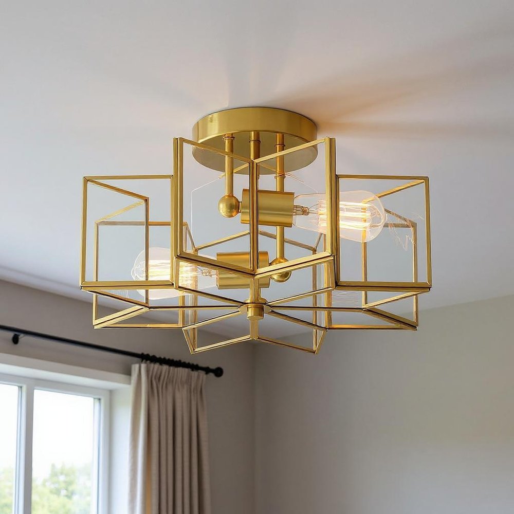 Brass Unique Statement Two Light Metal Dimmable Flush Chandelier With Clear Shades — view 9