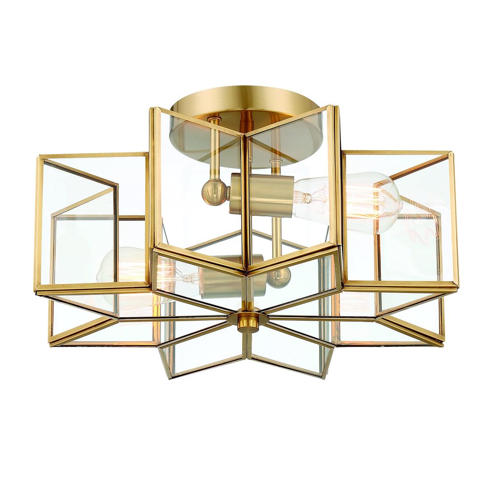 Brass Unique Statement Two Light Metal Dimmable Flush Chandelier With Clear Shades — view 1
