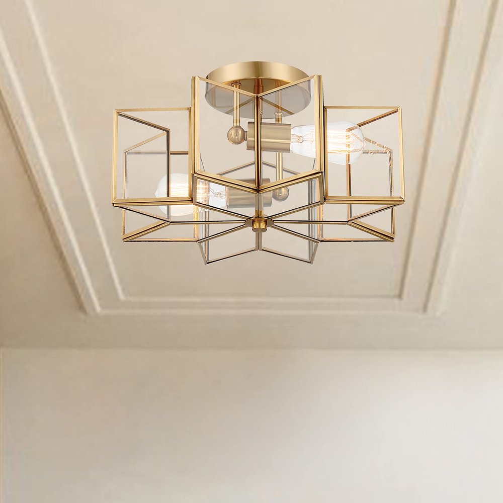 Brass Unique Statement Two Light Metal Dimmable Flush Chandelier With Clear Shades — view 2