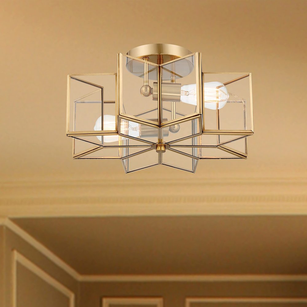 Brass Unique Statement Two Light Metal Dimmable Flush Chandelier With Clear Shades — view 3