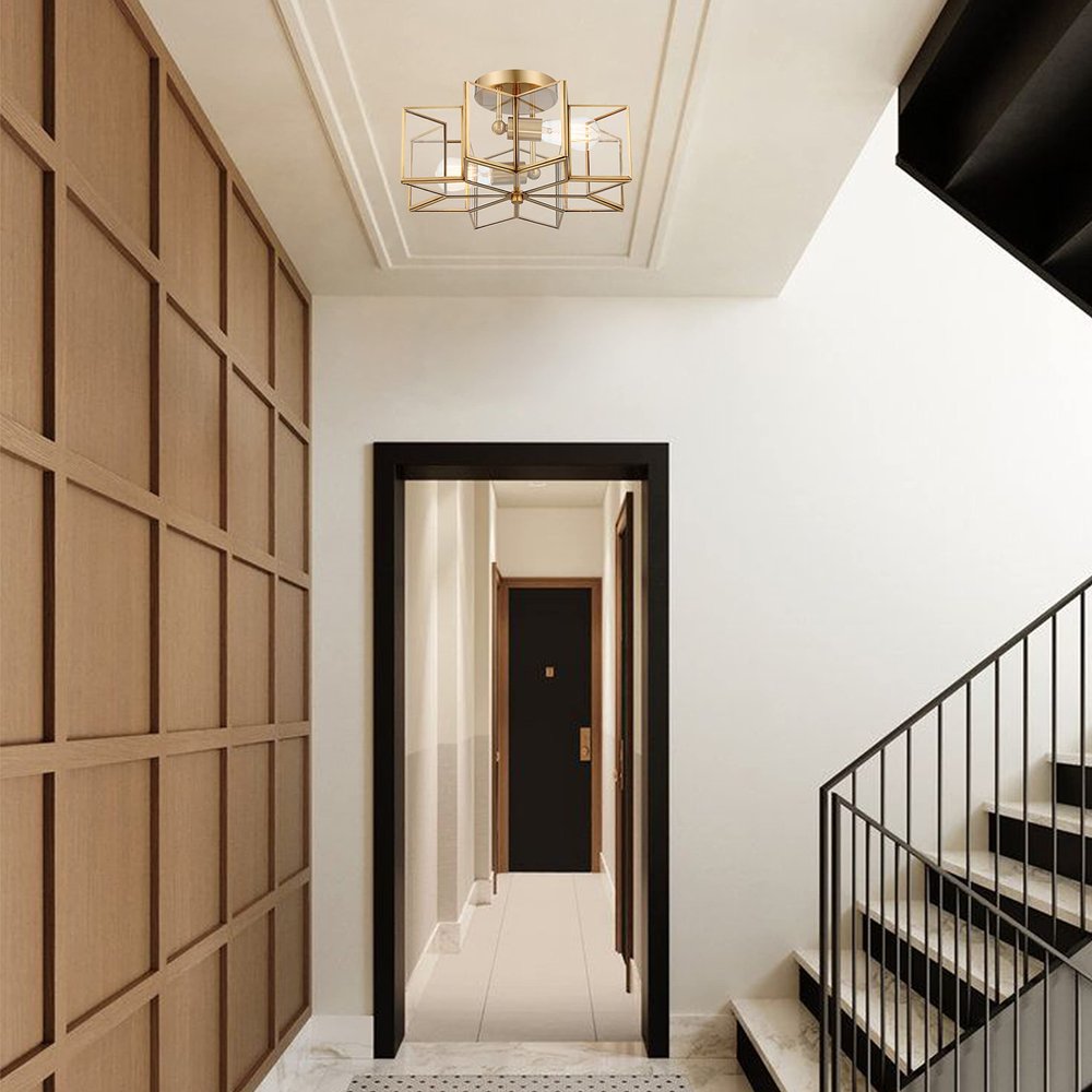 Brass Unique Statement Two Light Metal Dimmable Flush Chandelier With Clear Shades — view 4