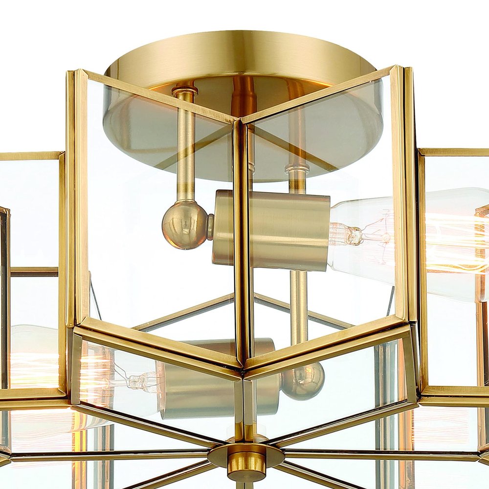 Brass Unique Statement Two Light Metal Dimmable Flush Chandelier With Clear Shades — view 5