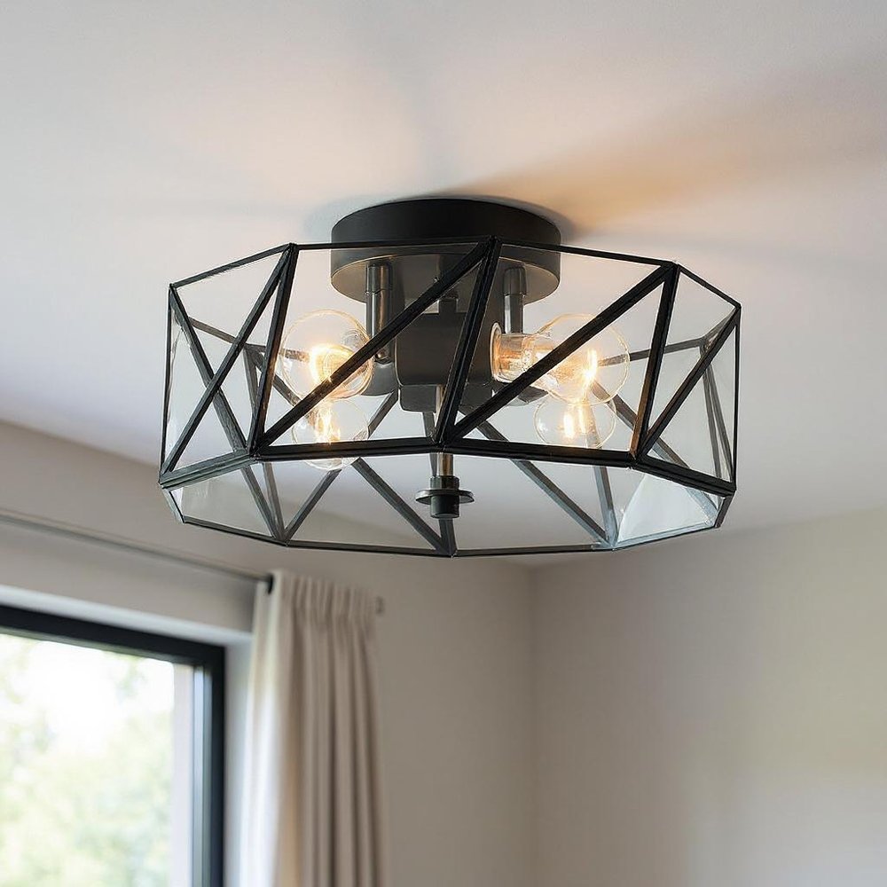 Black Unique Statement Four Light Metal Dimmable Flush Chandelier With Clear Shades — view 11