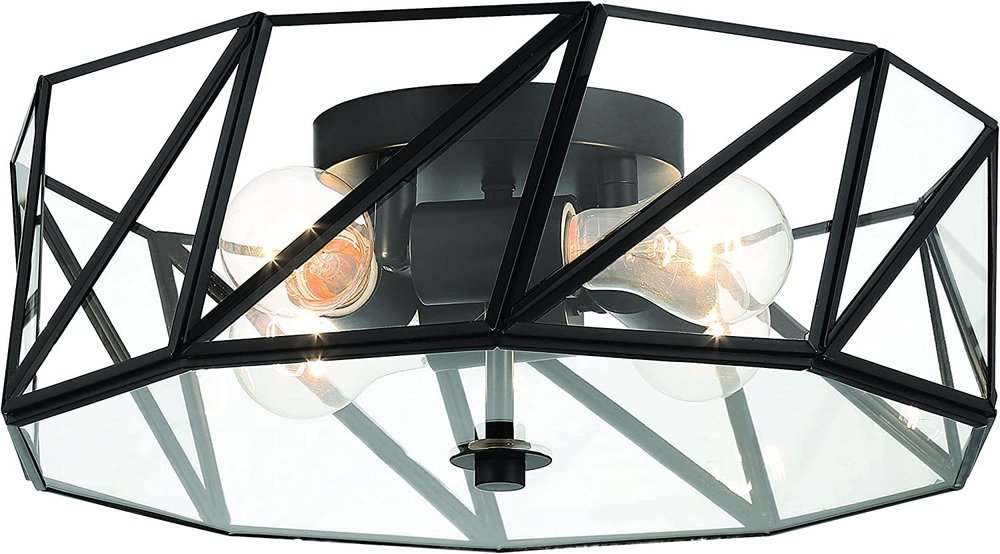 Black Unique Statement Four Light Metal Dimmable Flush Chandelier With Clear Shades