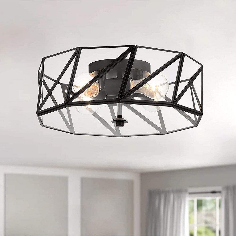 Black Unique Statement Four Light Metal Dimmable Flush Chandelier With Clear Shades — view 2
