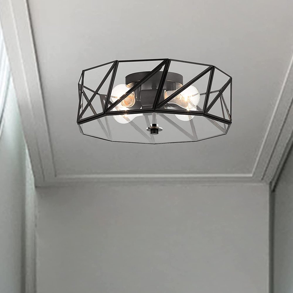 Black Unique Statement Four Light Metal Dimmable Flush Chandelier With Clear Shades — view 3