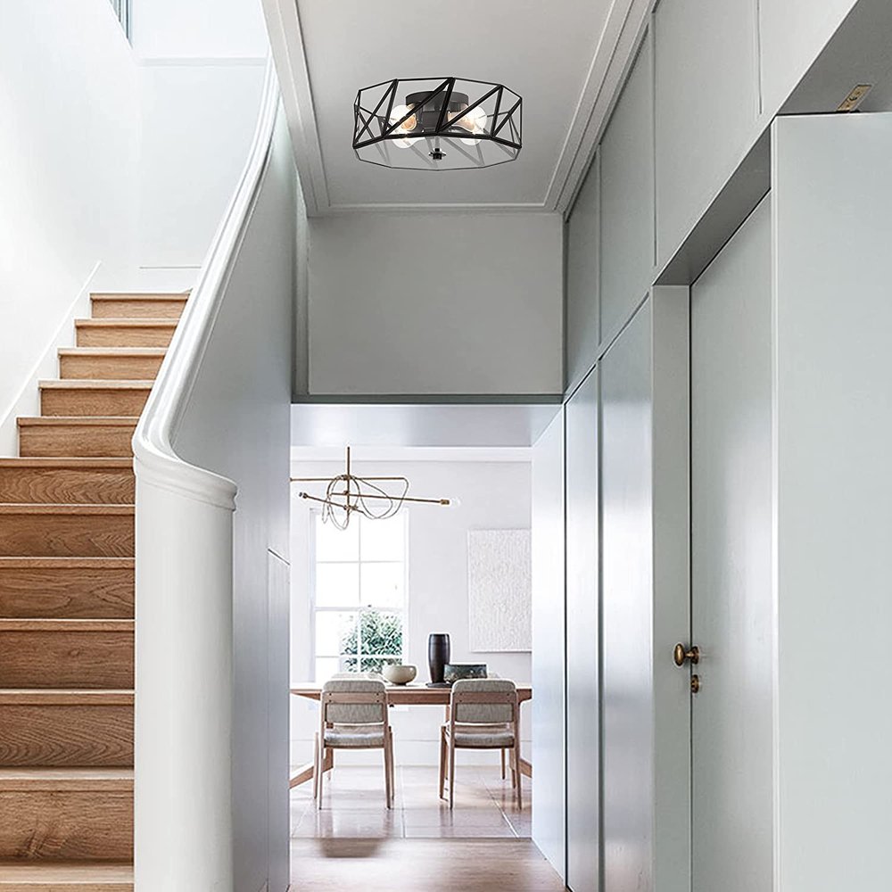 Black Unique Statement Four Light Metal Dimmable Flush Chandelier With Clear Shades — view 4