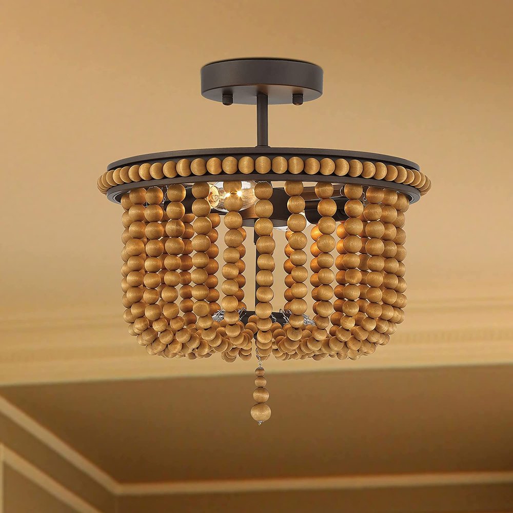 Brown And Black Unique Statement Two Light Metal Dimmable Flush Chandelier — view 2