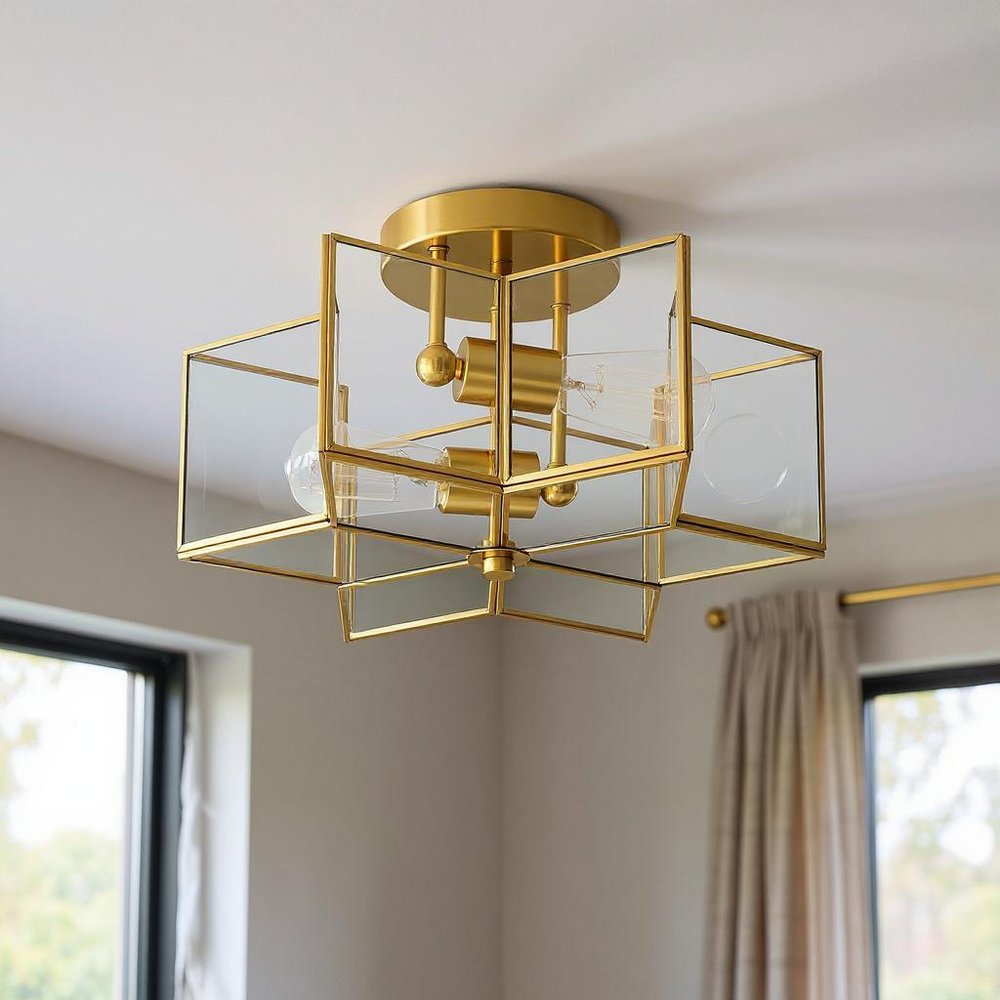 Brass Unique Statement Two Light Metal Dimmable Flush Chandelier — view 9