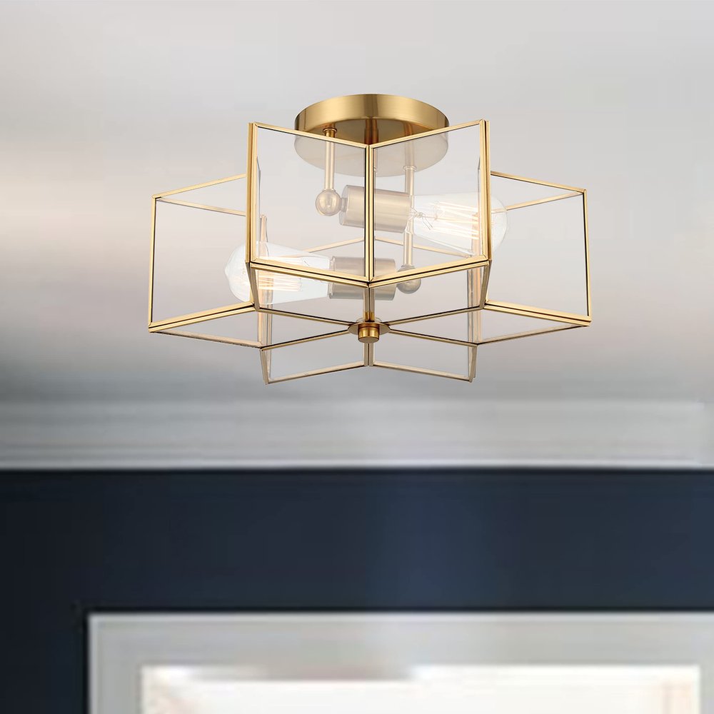 Brass Unique Statement Two Light Metal Dimmable Flush Chandelier — view 2
