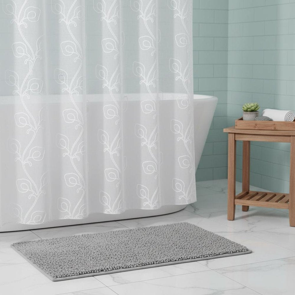 72" White Floral Faux Linen Shower Curtain With Embroidery HomeRoots