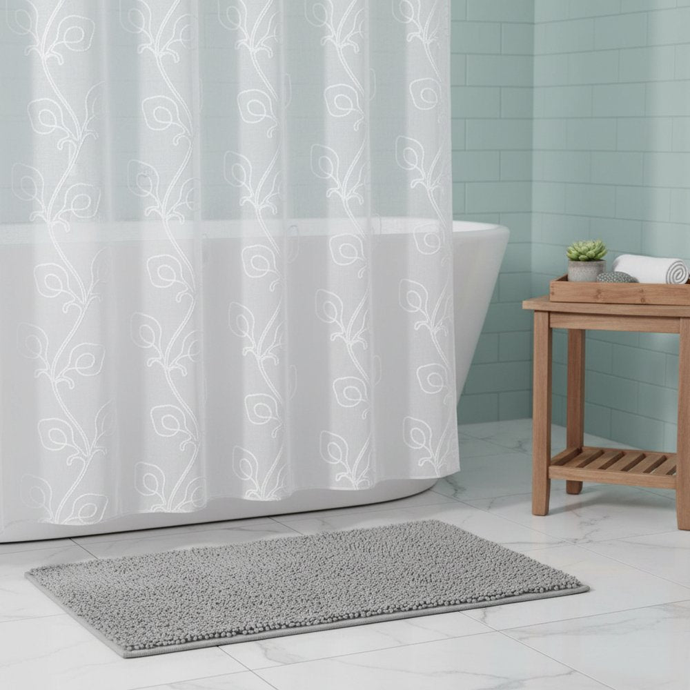72" White Floral Faux Linen Shower Curtain With Embroidery HomeRoots