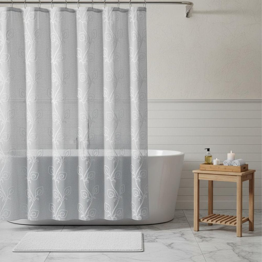 72" Gray Floral Faux Linen Shower Curtain With Embroidery HomeRoots