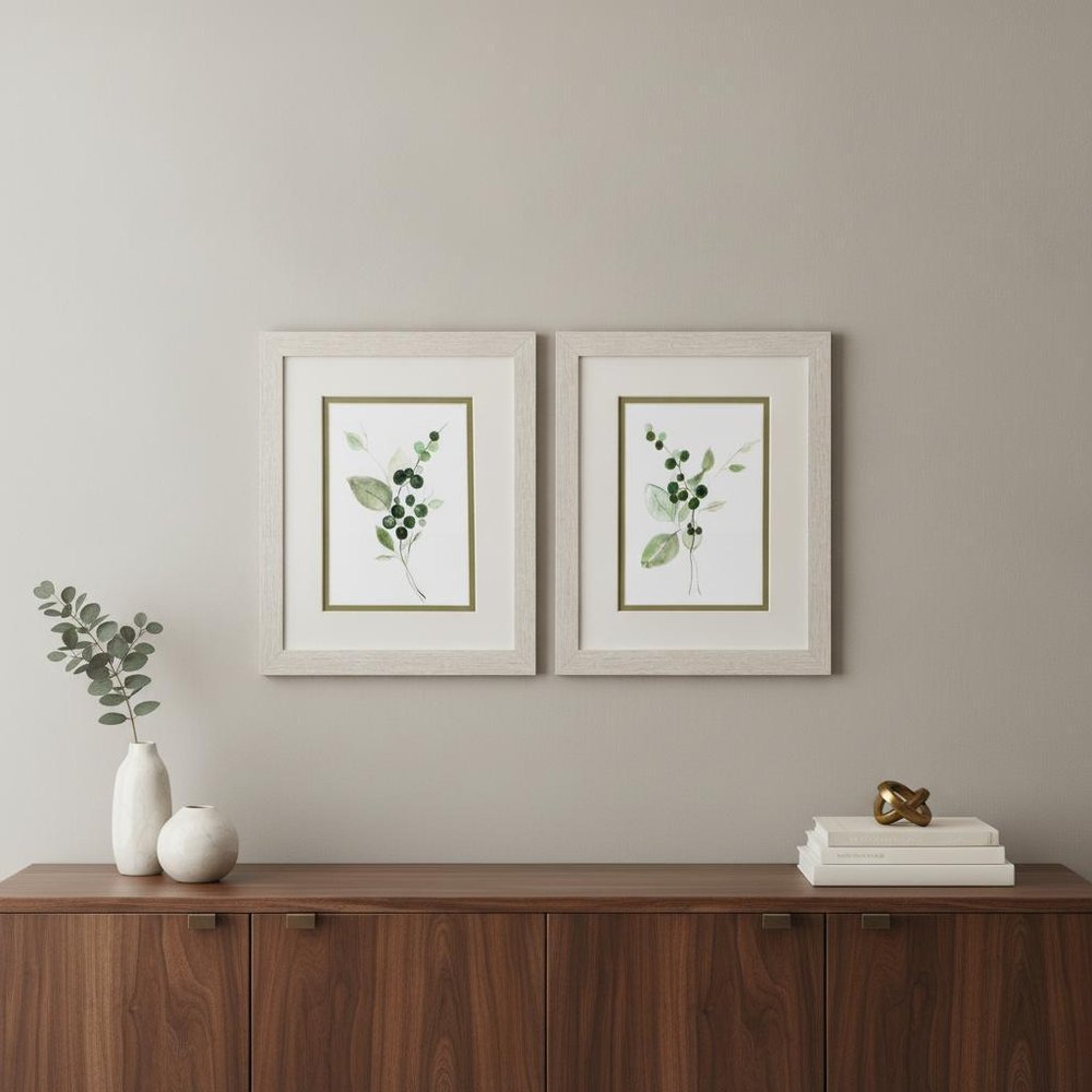 Set Of Two Sprigs in Green White Framed Print Wall Art HomeRoots