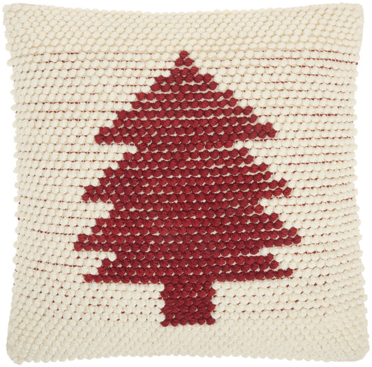 20" X 20" Ivory And Red Zippered Handmade Polyester Christmas Tree Throw Pillow FurniFindUSA
