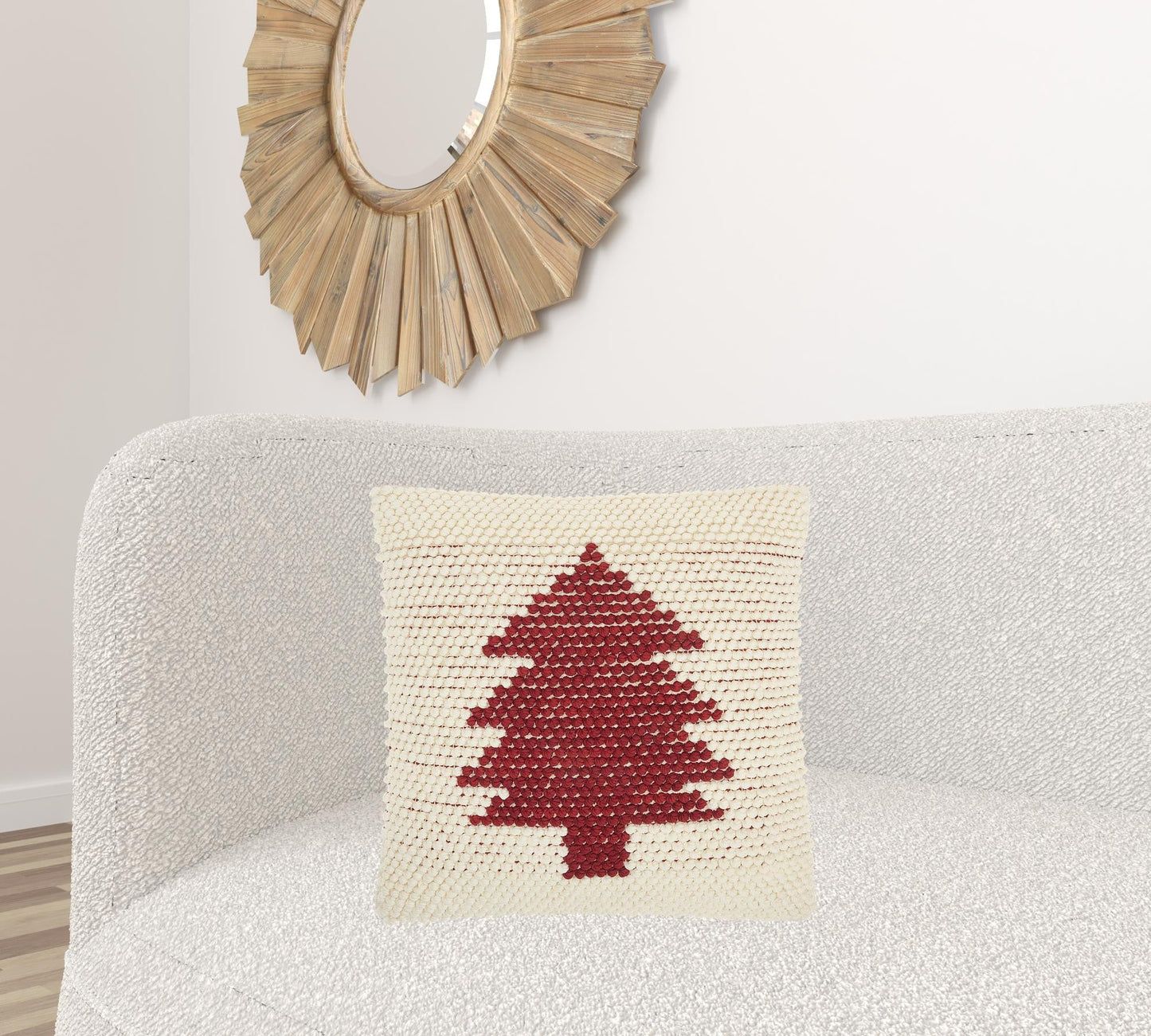20" X 20" Ivory And Red Zippered Handmade Polyester Christmas Tree Throw Pillow FurniFindUSA