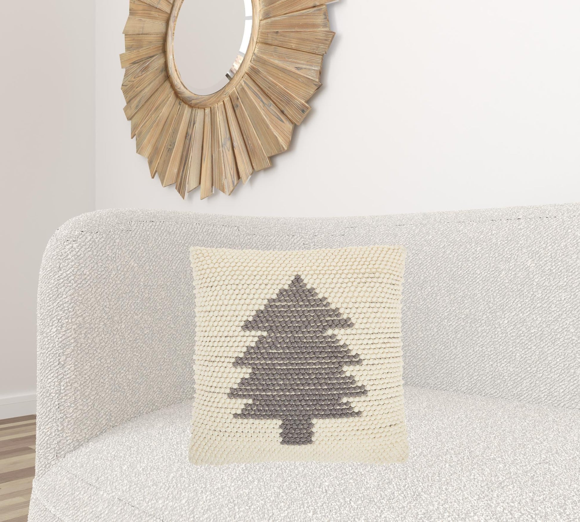 20" X 20" Ivory And Grey Zippered Handmade Polyester Christmas Tree Throw Pillow FurniFindUSA