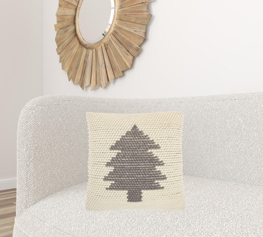 20" X 20" Ivory And Grey Zippered Handmade Polyester Christmas Tree Throw Pillow FurniFindUSA