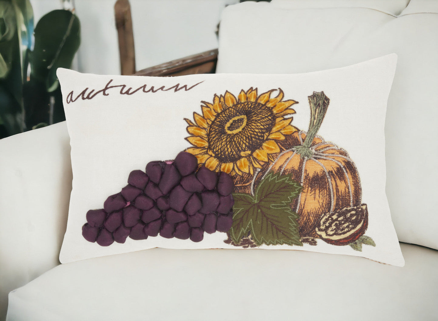5" X 12" Yellow and White Thanksgiving Pumpkin and Sunflowers Cotton Throw Pillow FurniFindUSA