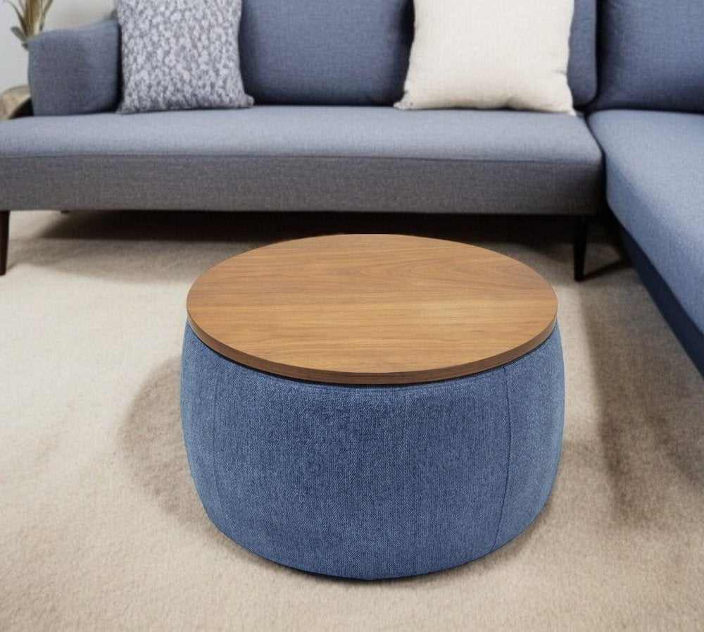 26" Navy Blue And Brown Wood And Upholstery Round Ottoman With Storage HomeRoots
