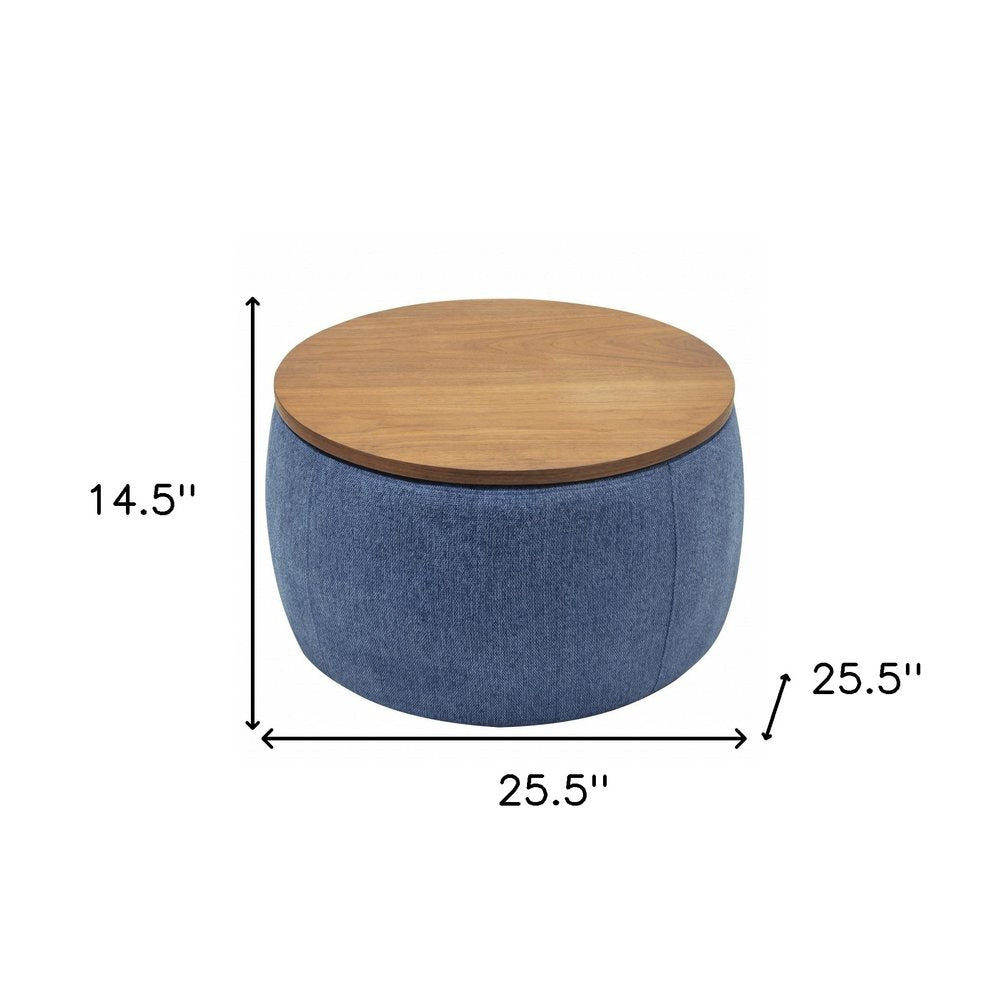 26" Navy Blue And Brown Wood And Upholstery Round Ottoman With Storage HomeRoots