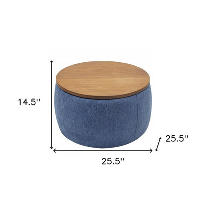 26" Navy Blue And Brown Wood And Upholstery Round Ottoman With Storage HomeRoots