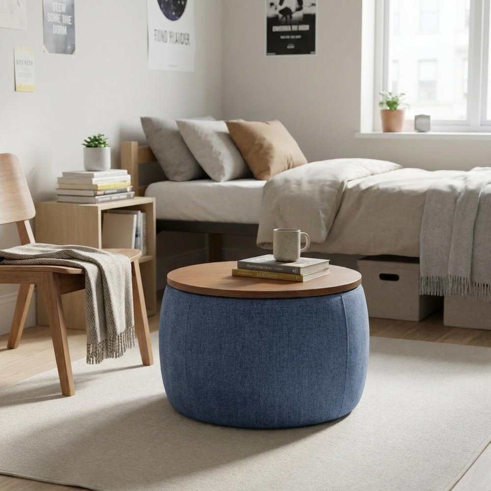 26" Navy Blue And Brown Wood And Upholstery Round Ottoman With Storage HomeRoots
