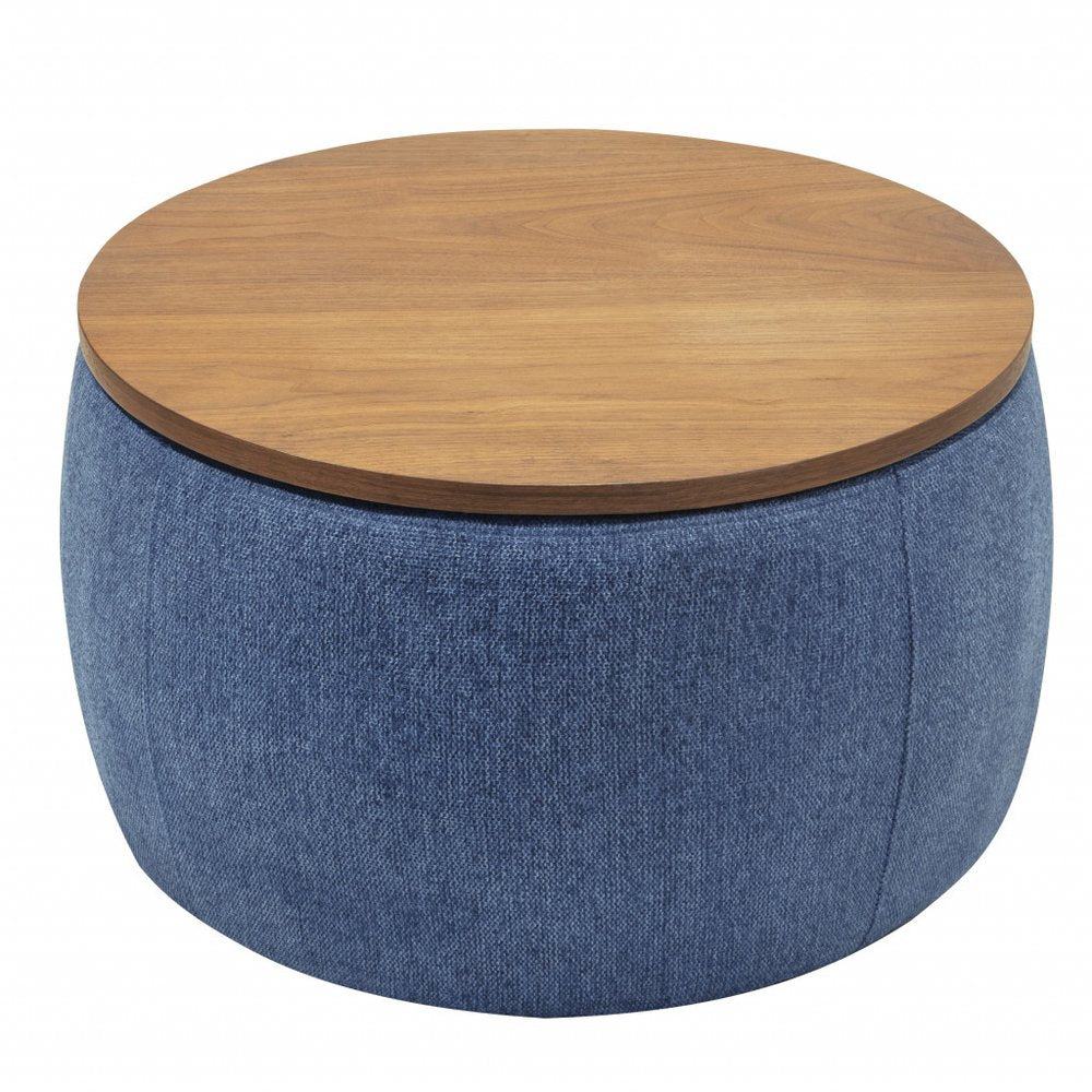 26" Navy Blue And Brown Wood And Upholstery Round Ottoman With Storage HomeRoots