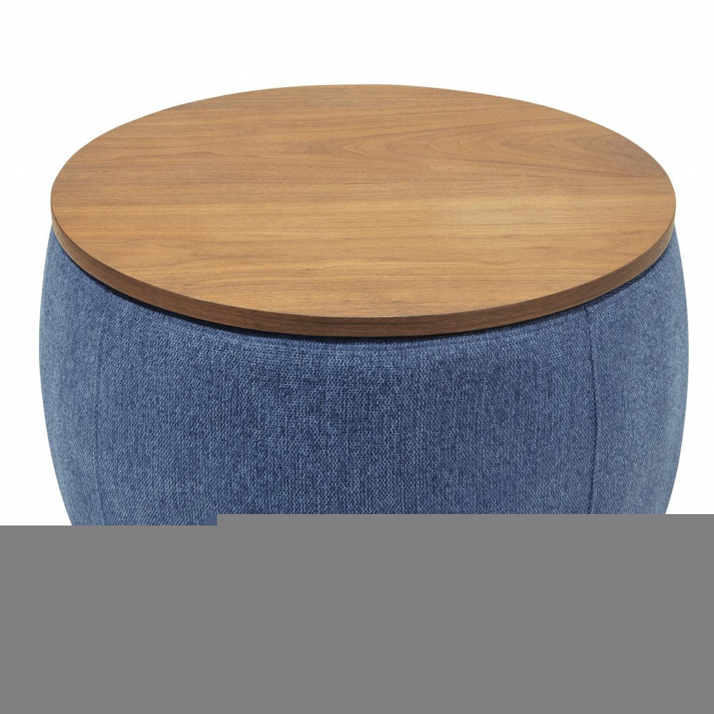 26" Blue and Brown Fabric And Wood Reversible Tray Top Round Storage Ottoman HomeRoots