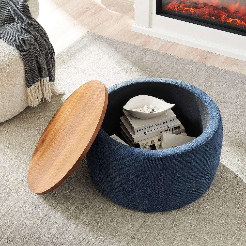 26" Navy Blue And Brown Wood And Upholstery Round Ottoman With Storage HomeRoots