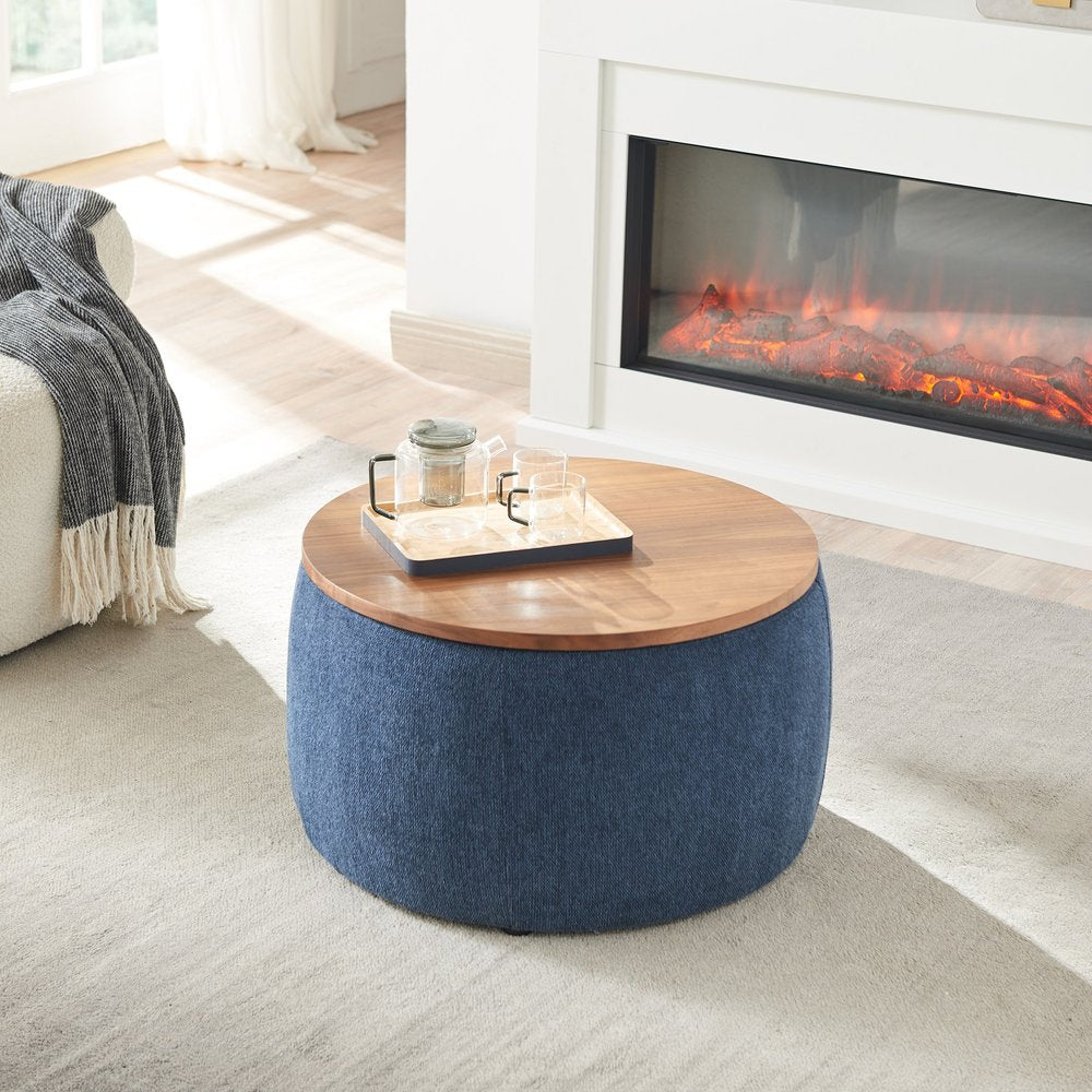 26" Blue and Brown Fabric And Wood Reversible Tray Top Round Storage Ottoman HomeRoots