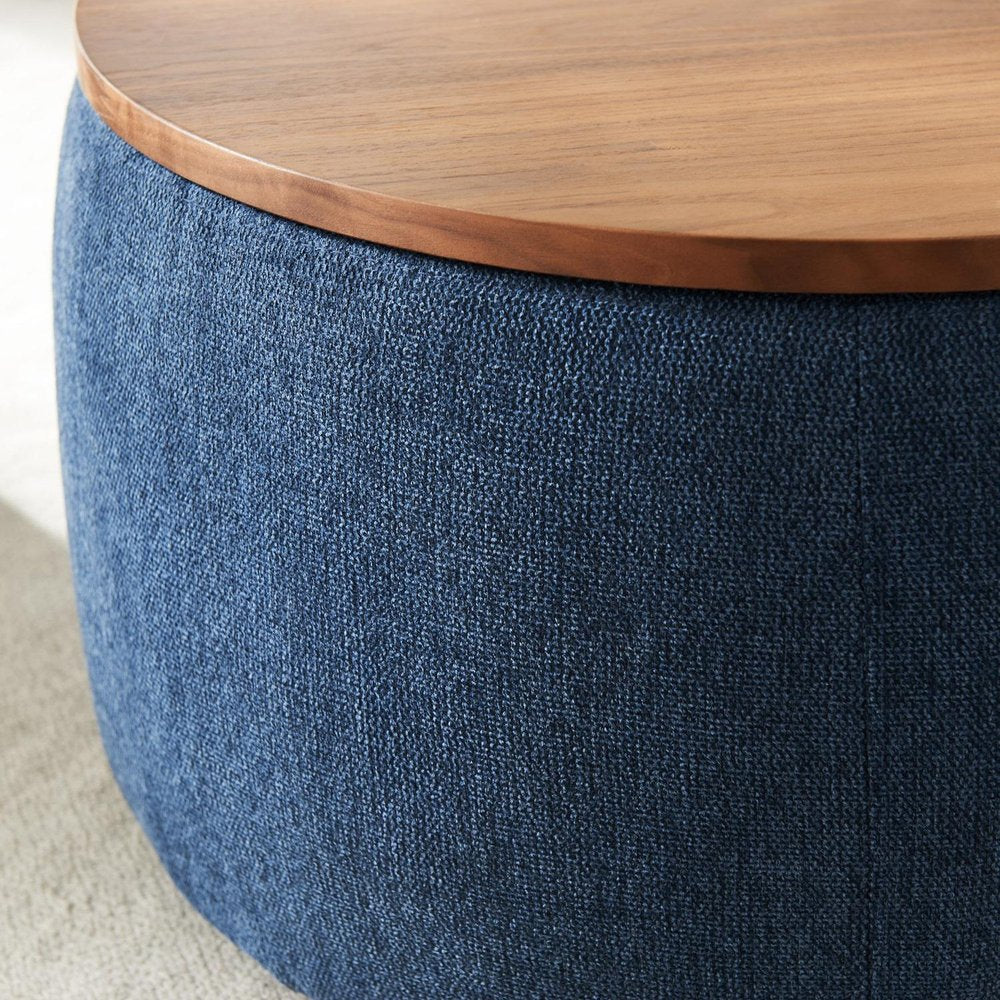 26" Navy Blue And Brown Wood And Upholstery Round Ottoman With Storage HomeRoots