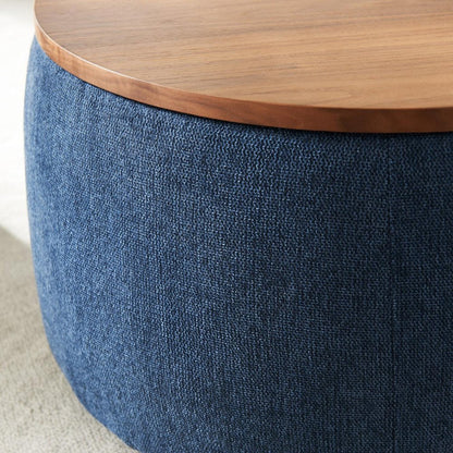 26" Navy Blue And Brown Wood And Upholstery Round Ottoman With Storage HomeRoots