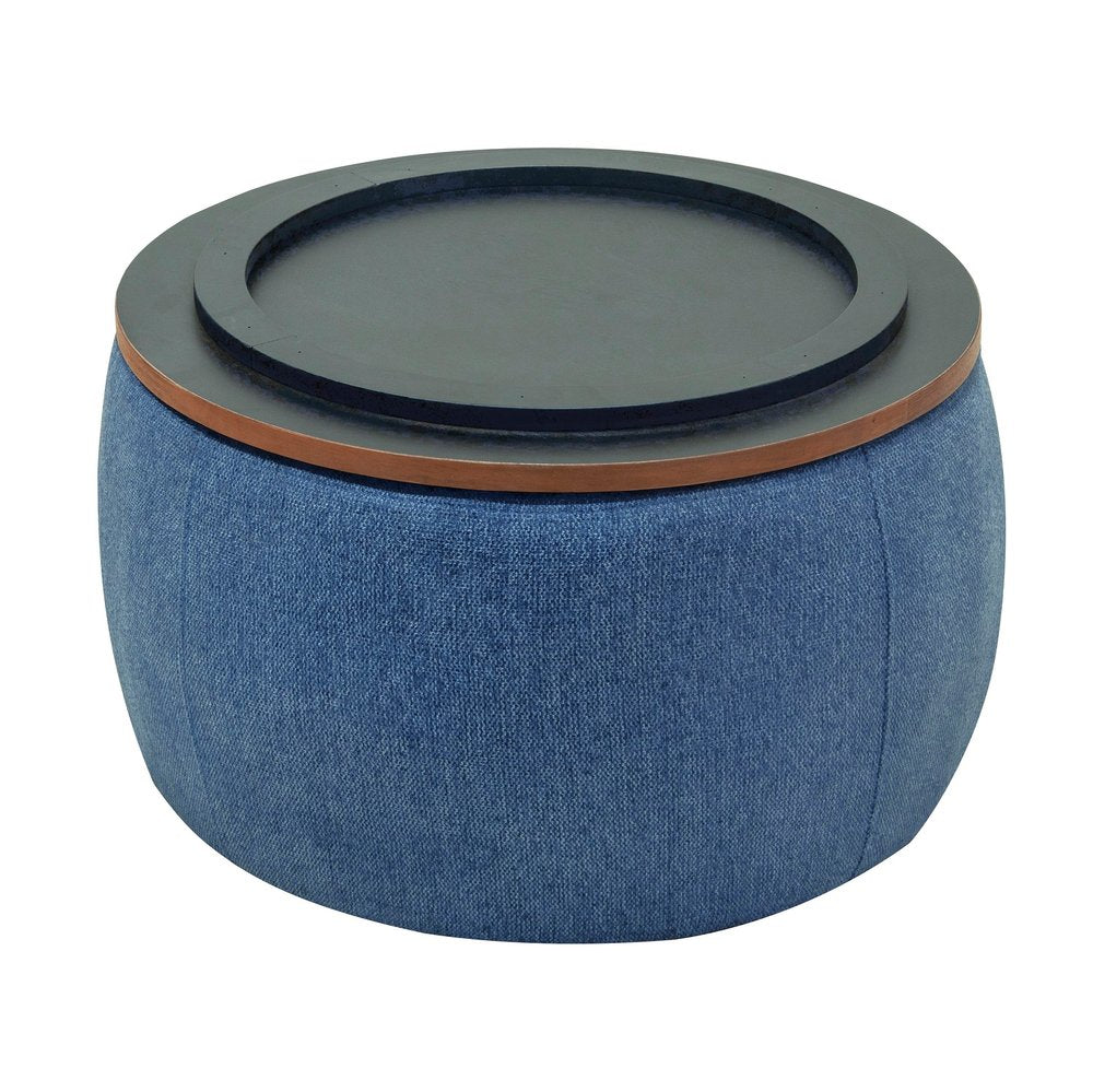 26" Navy Blue And Brown Wood And Upholstery Round Ottoman With Storage HomeRoots