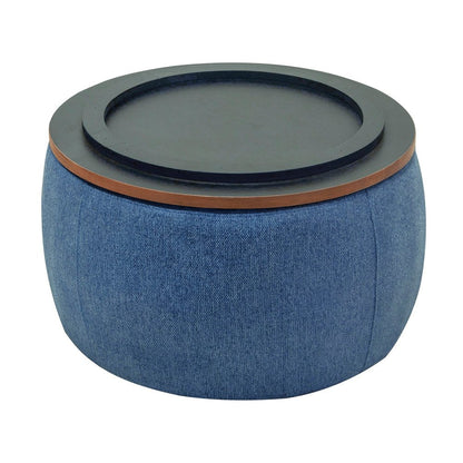 26" Navy Blue And Brown Wood And Upholstery Round Ottoman With Storage HomeRoots