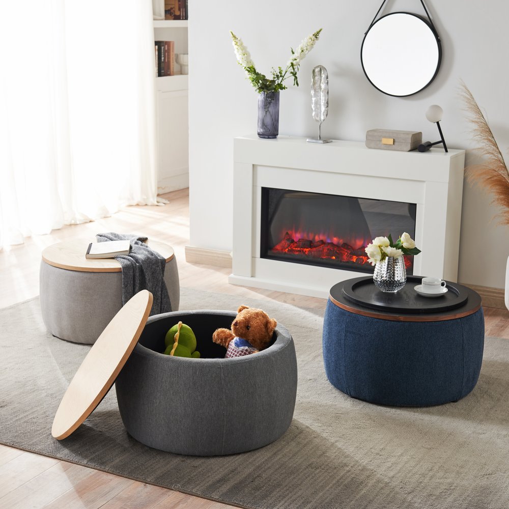 26" Blue and Brown Fabric And Wood Reversible Tray Top Round Storage Ottoman HomeRoots