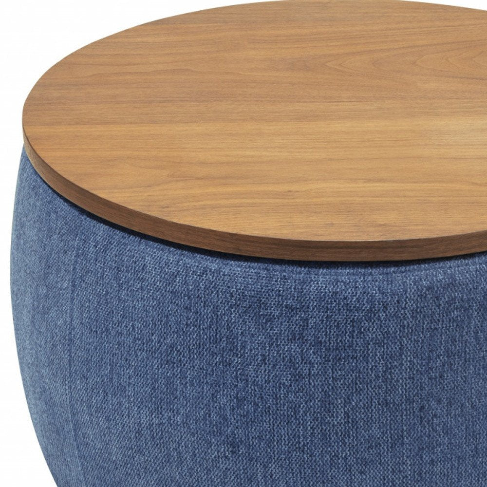 26" Navy Blue And Brown Wood And Upholstery Round Ottoman With Storage HomeRoots