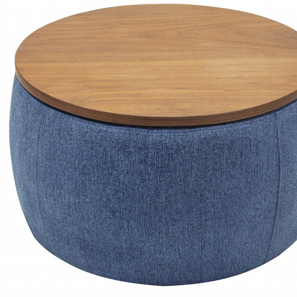 26" Navy Blue And Brown Wood And Upholstery Round Ottoman With Storage HomeRoots