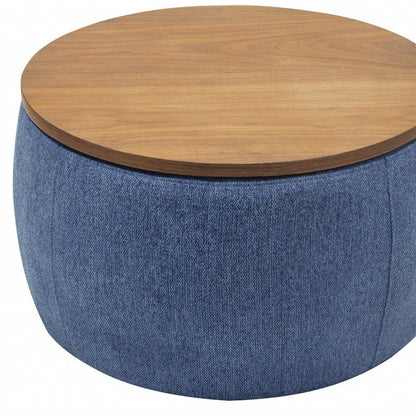 26" Navy Blue And Brown Wood And Upholstery Round Ottoman With Storage HomeRoots