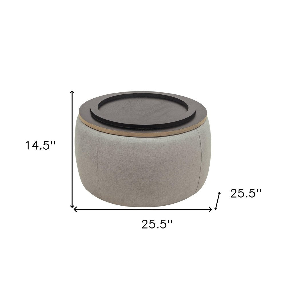 26" Light Gray And Natural Wood And Upholstery Round Ottoman With Storage HomeRoots