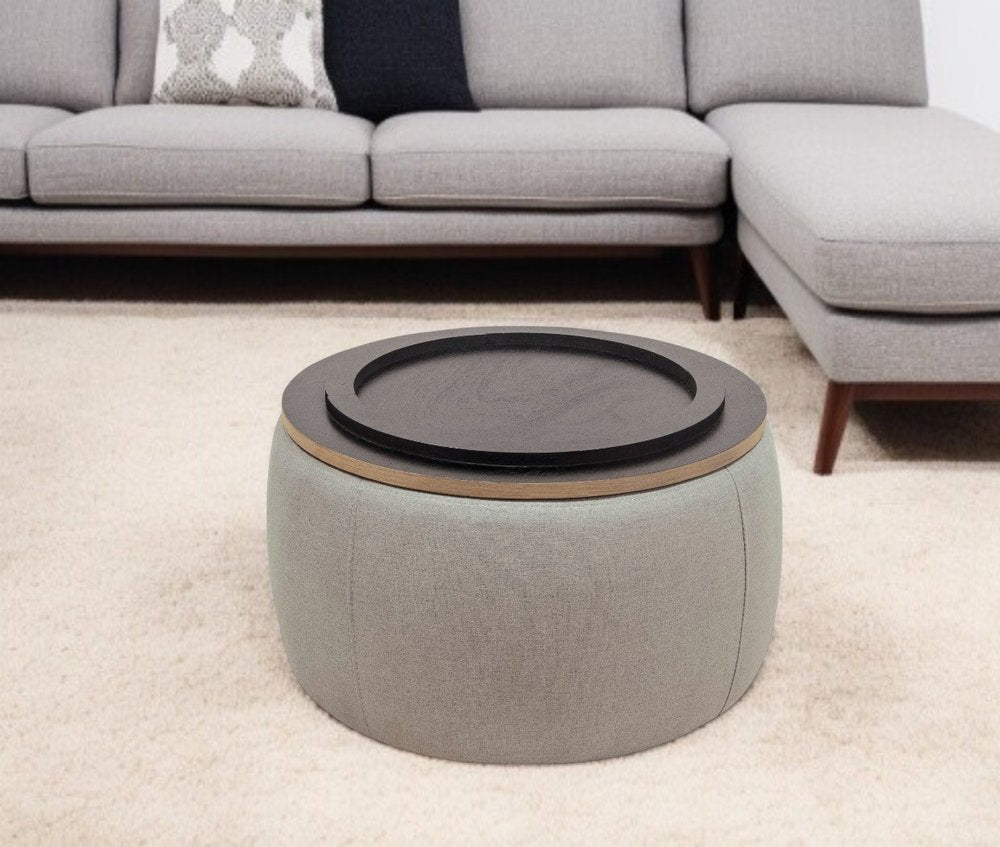 26" Light Gray And Natural Wood And Upholstery Round Ottoman With Storage HomeRoots