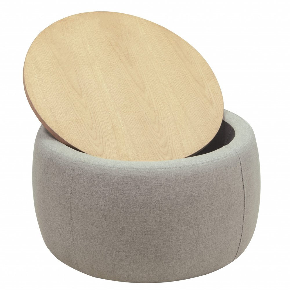 26" Light Gray And Natural Wood And Upholstery Round Ottoman With Storage HomeRoots